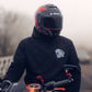Throttle and Tarmac Black Oversized Octopus Hoodie being shown from the front and worn on a motorcycle.